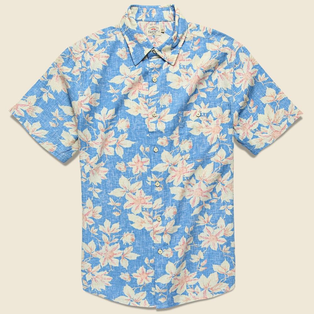 Faherty Men’s Short Sleeve Blue Floral Print Button Down Coast Shirt Size XL